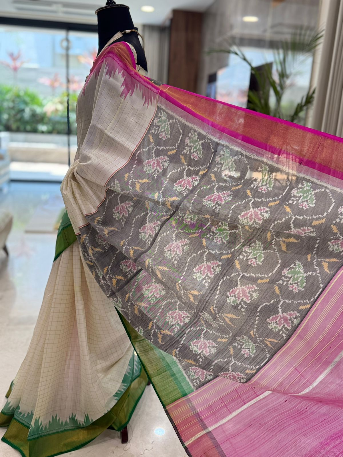 Pink Green Ikat Saree