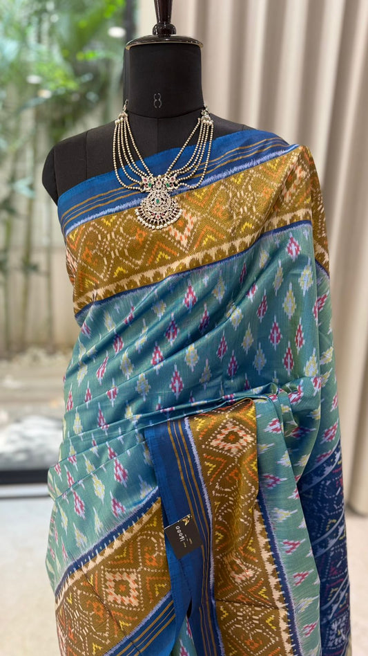 Mustard Teal Ikat Saree