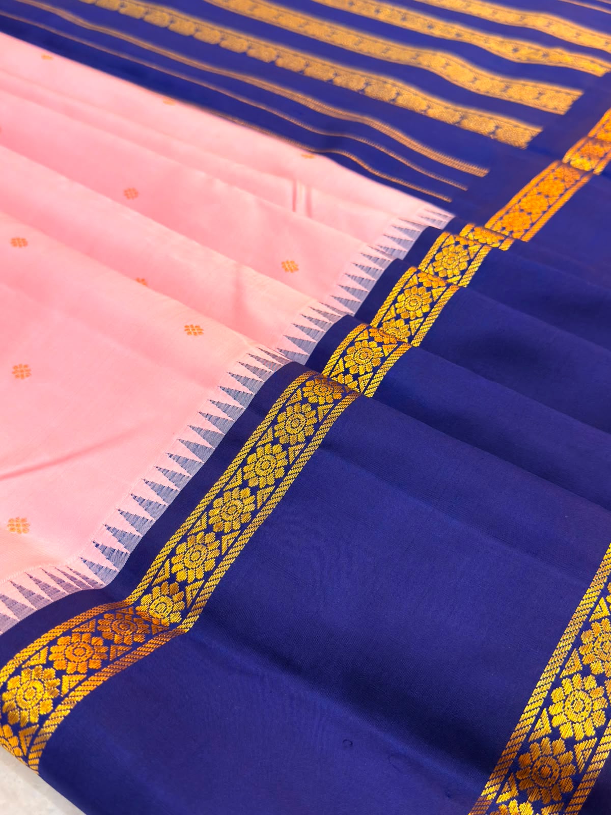 Blush Pink Royal Blue Kanjivaram Saree