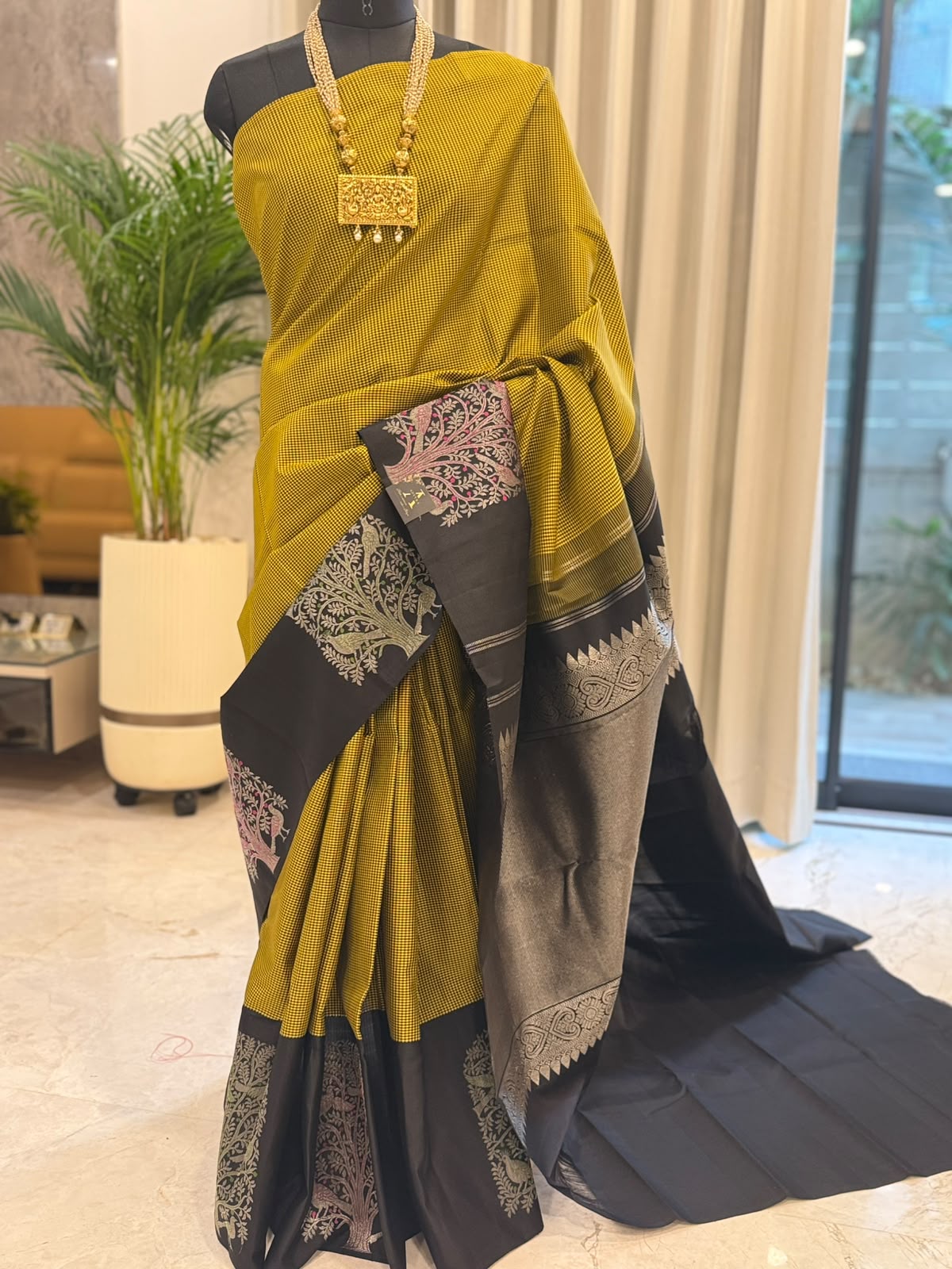 Chartreuse Gold & Black Kanjivaram Saree