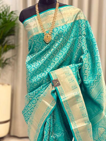 Turquoise Blue Silver Zari Kanjivaram Saree
