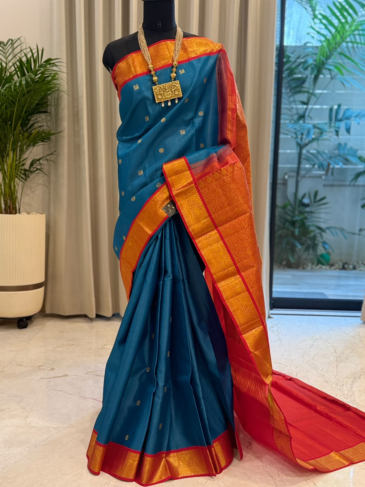 Peacock Blue & Vermilion Red Vairaoosi Kanjivaram Saree