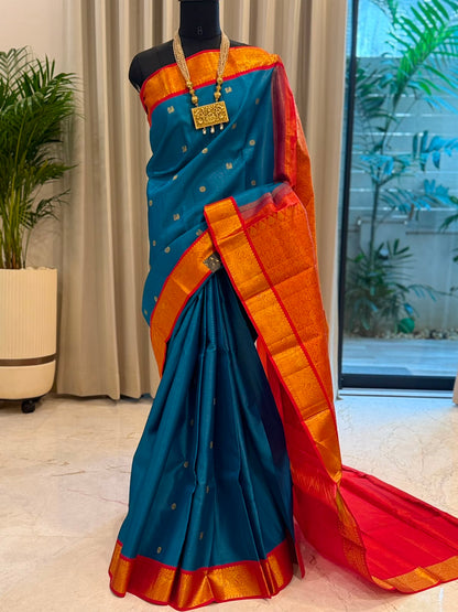 Peacock Blue & Vermilion Red Vairaoosi Kanjivaram Saree