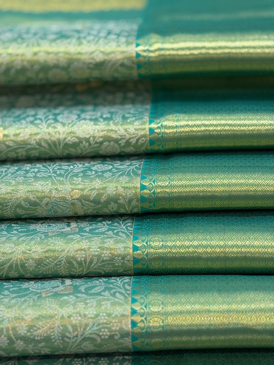 Sea-Green Floral Diamond Kanjivaram Saree
