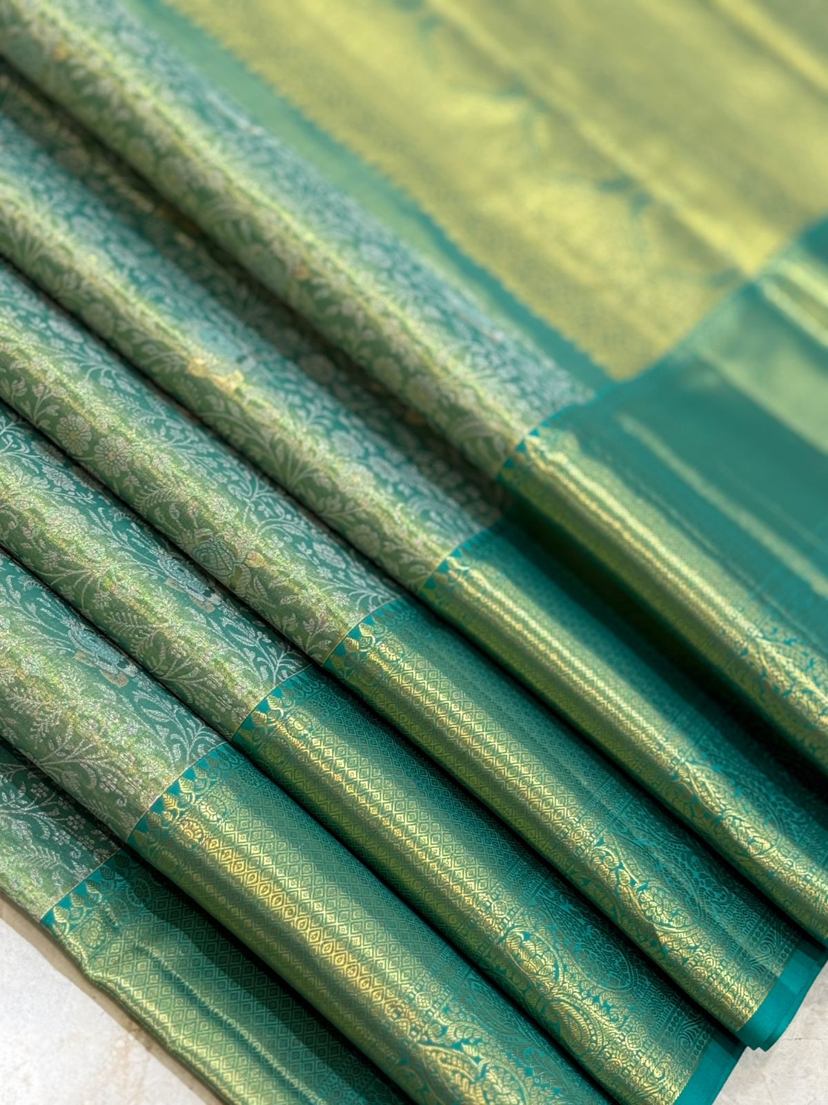 Sea-Green Floral Diamond Kanjivaram Saree