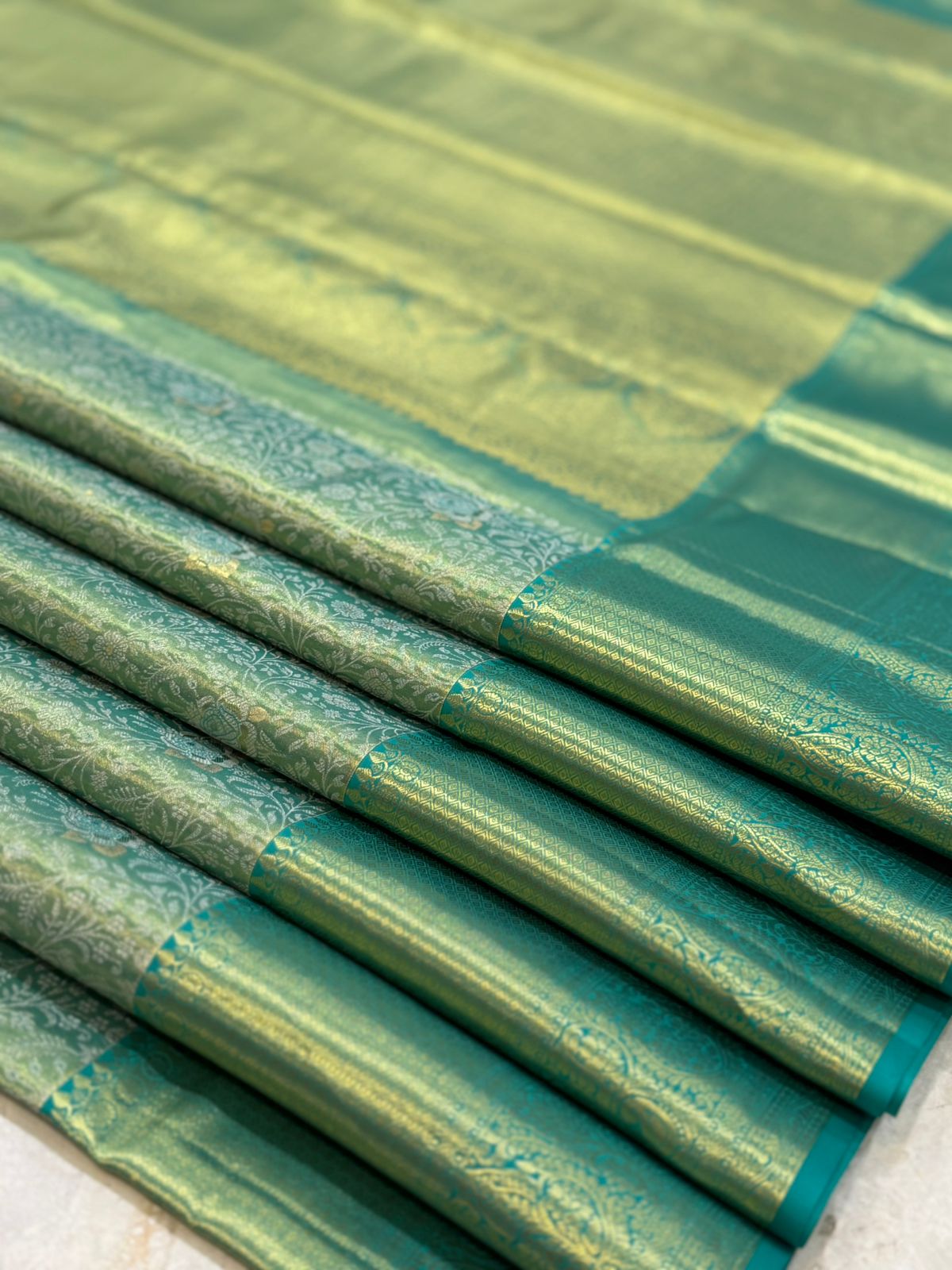 Sea-Green Floral Diamond Kanjivaram Saree