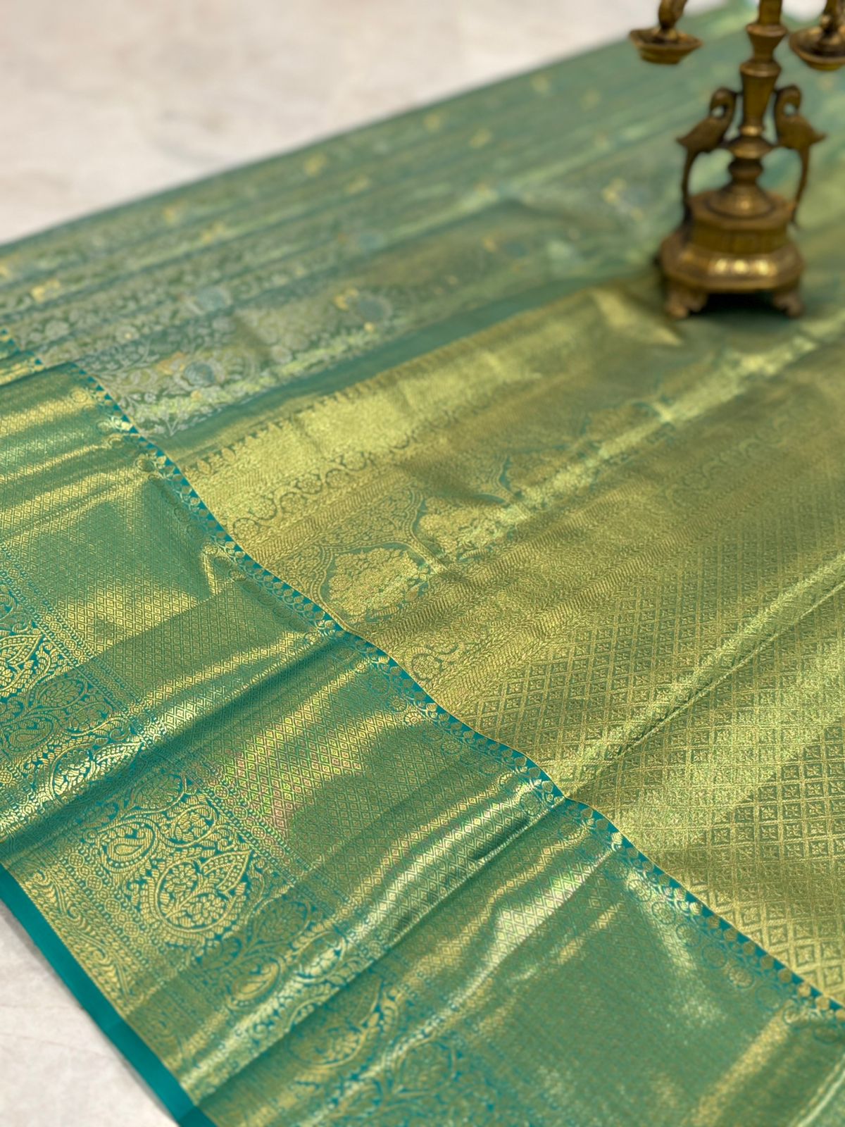 Sea-Green Floral Diamond Kanjivaram Saree