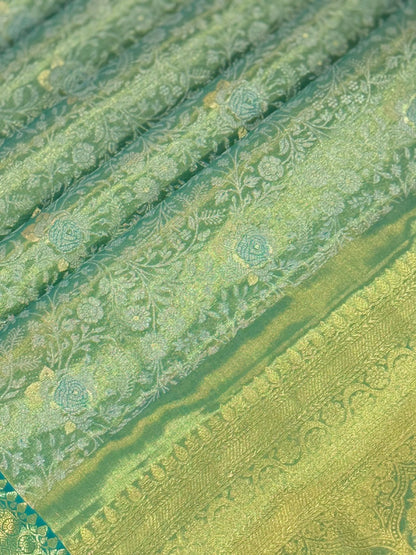 Sea-Green Floral Diamond Kanjivaram Saree