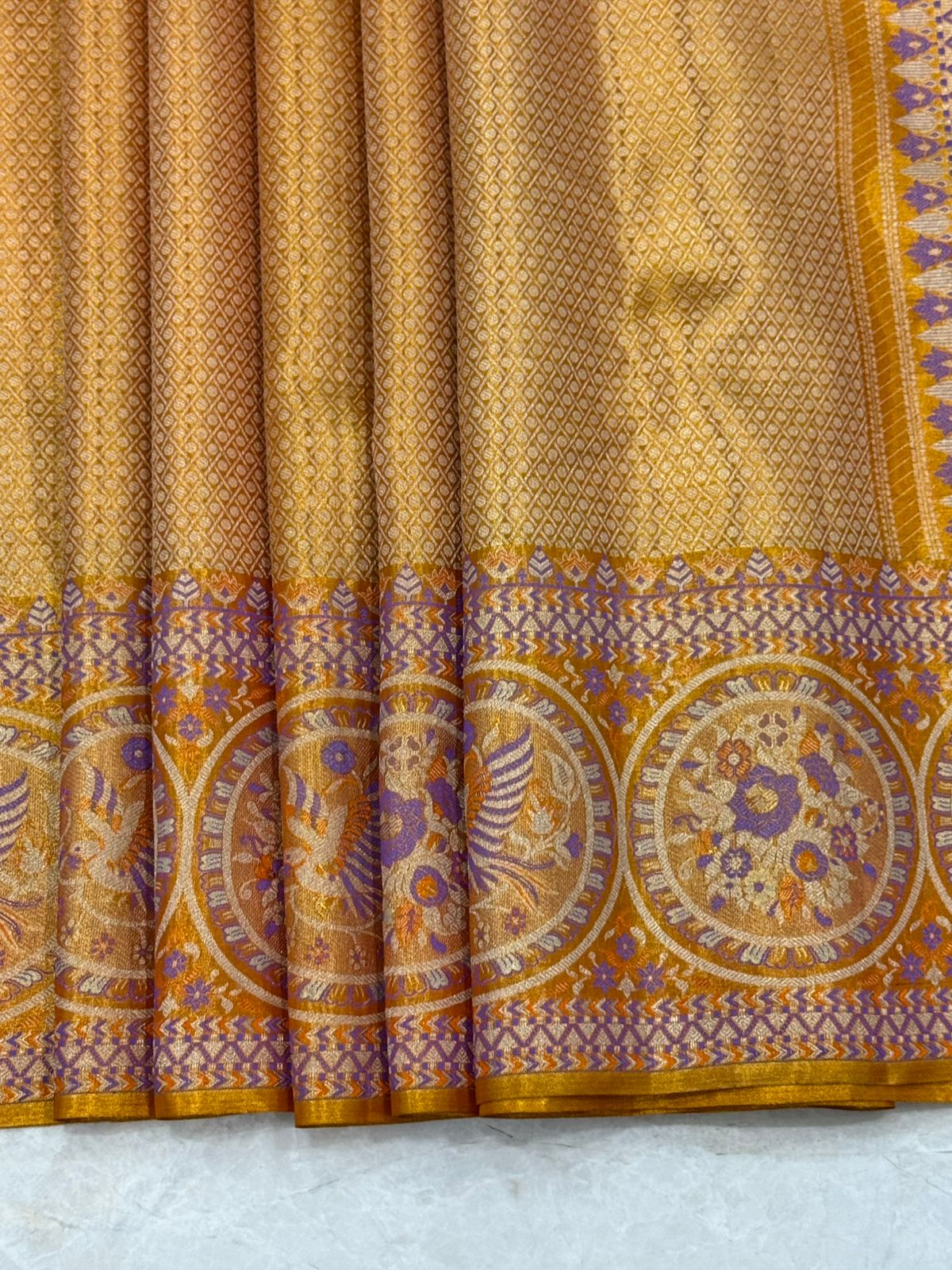 Gold Purple Orange Zari Kanjivaram