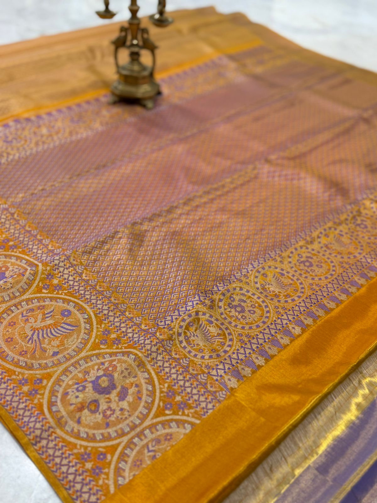 Gold Purple Orange Zari Kanjivaram