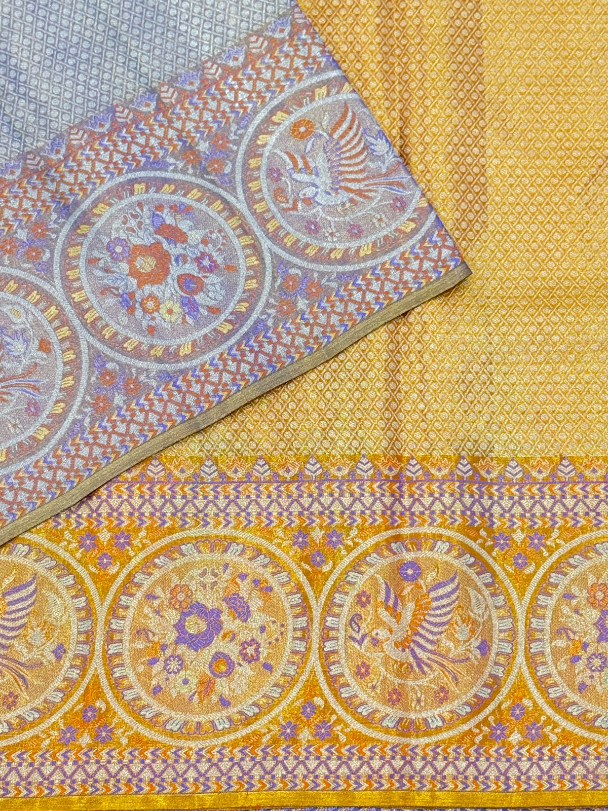 Gold Purple Orange Zari Kanjivaram