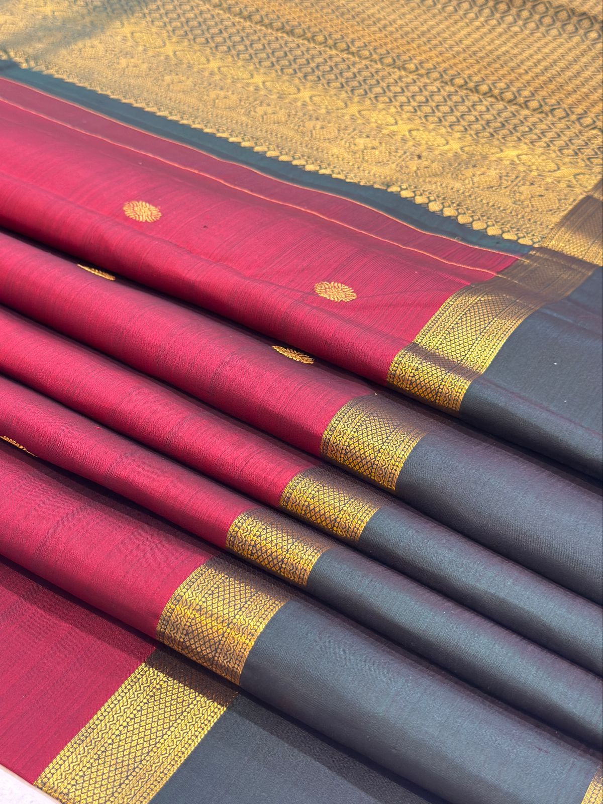 Golden Butta Crimson Kanjivaram Saree