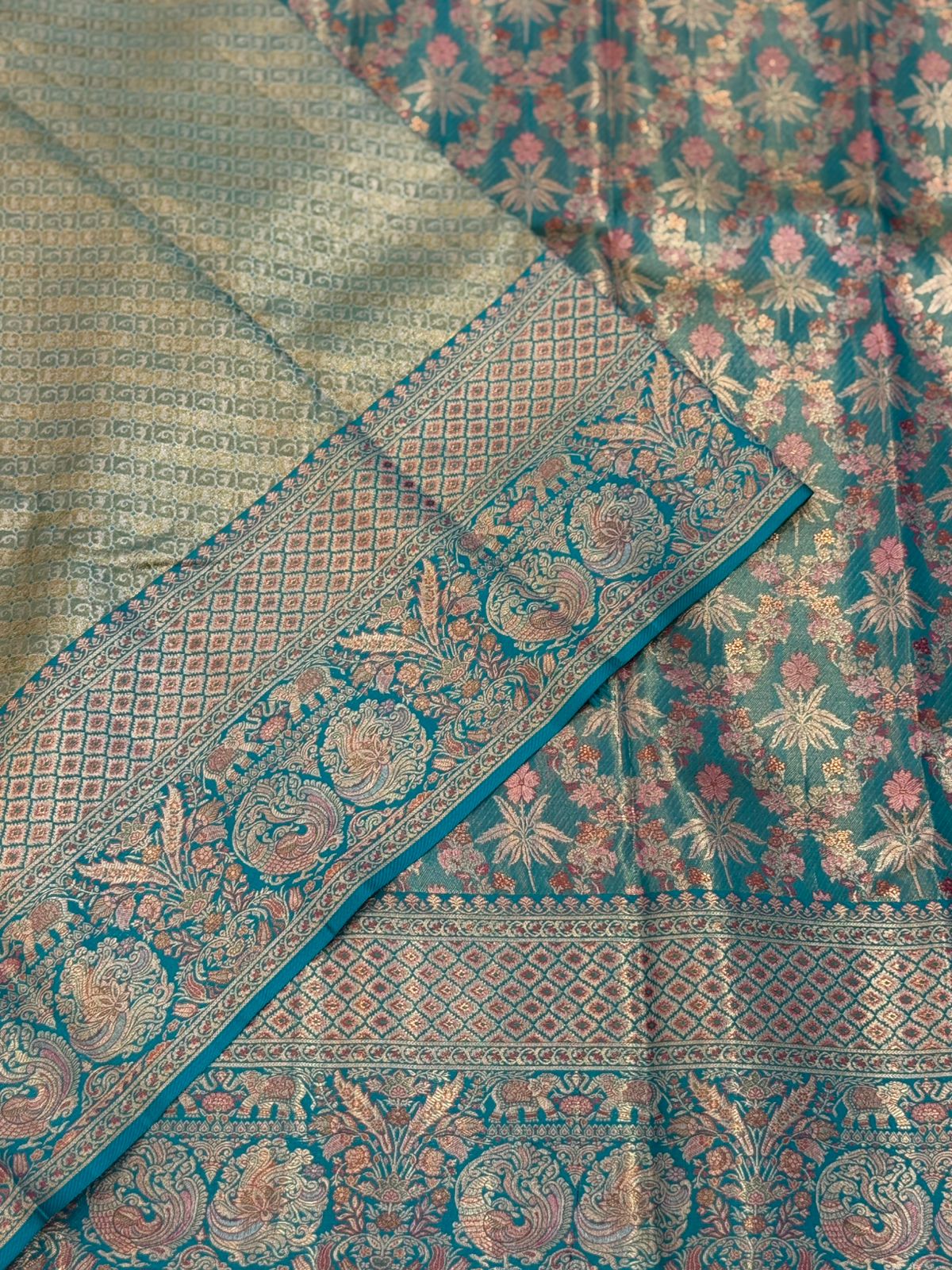 Teal Grandeur Kanjivaram Meenakari Saree