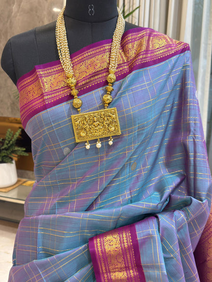 Bluish Grey Cheques with Pinkish Purple Border