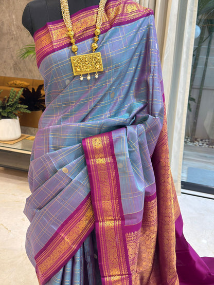 Bluish Grey Cheques with Pinkish Purple Border