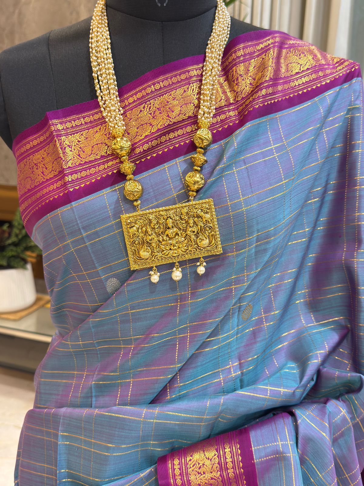 Bluish Grey Cheques with Pinkish Purple Border