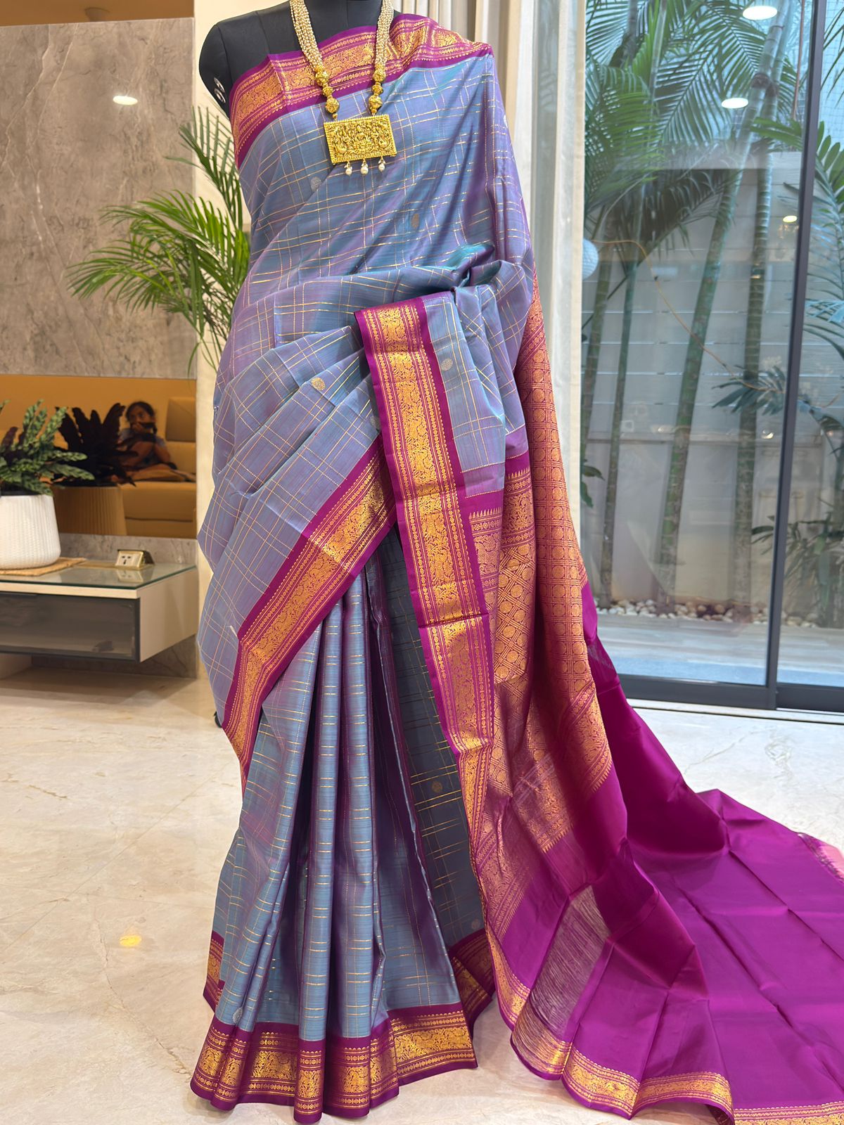 Bluish Grey Cheques with Pinkish Purple Border