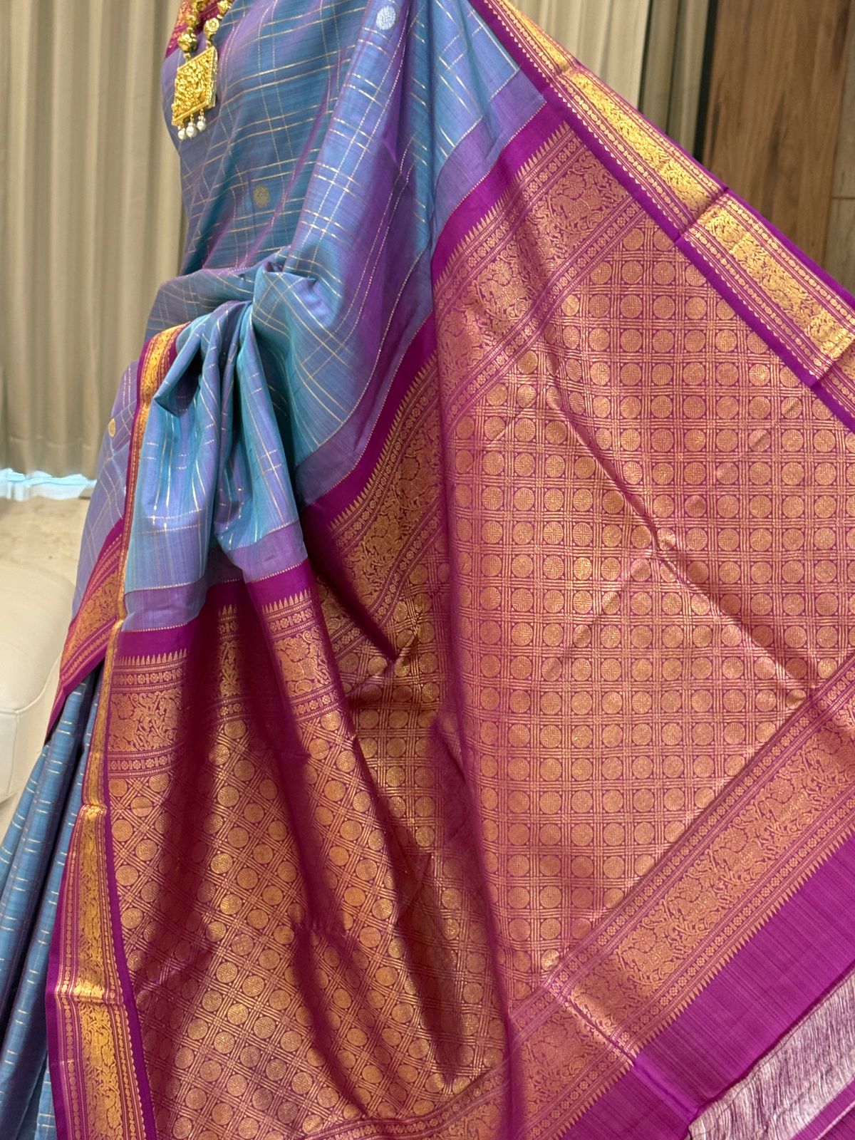 Bluish Grey Cheques with Pinkish Purple Border