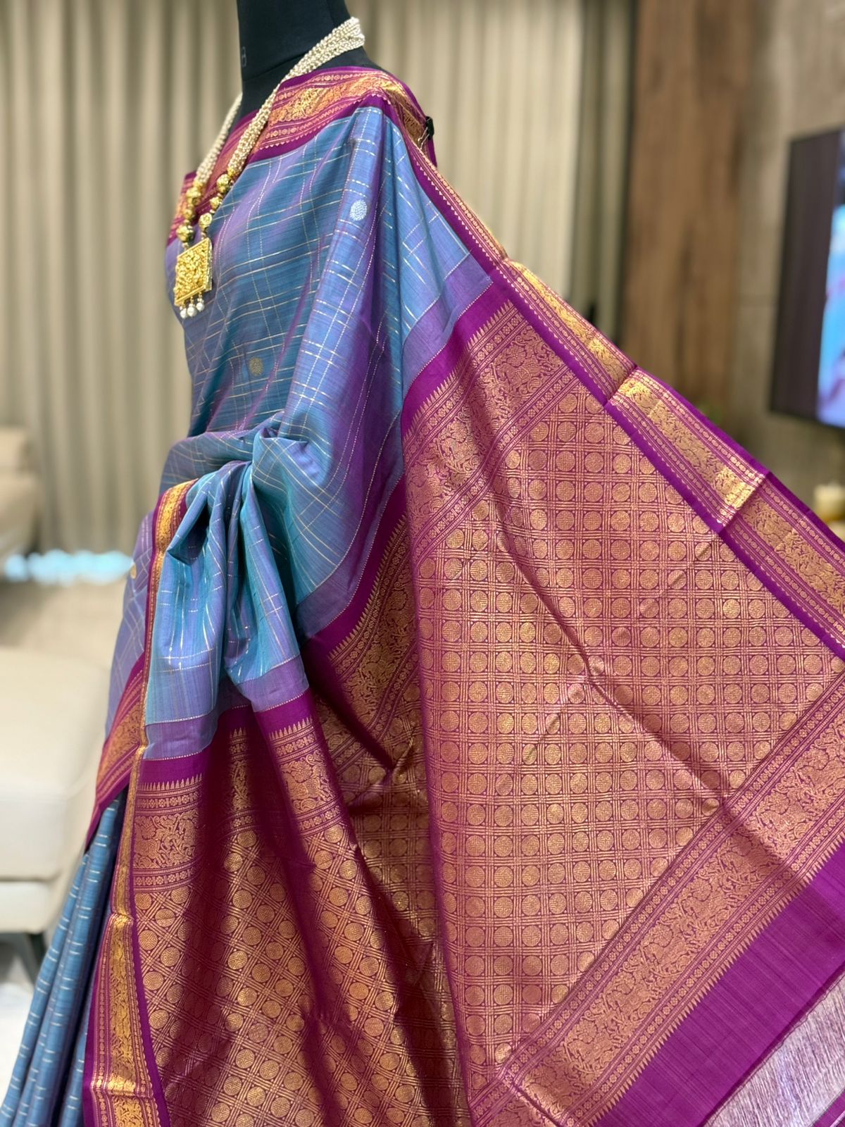 Bluish Grey Cheques with Pinkish Purple Border