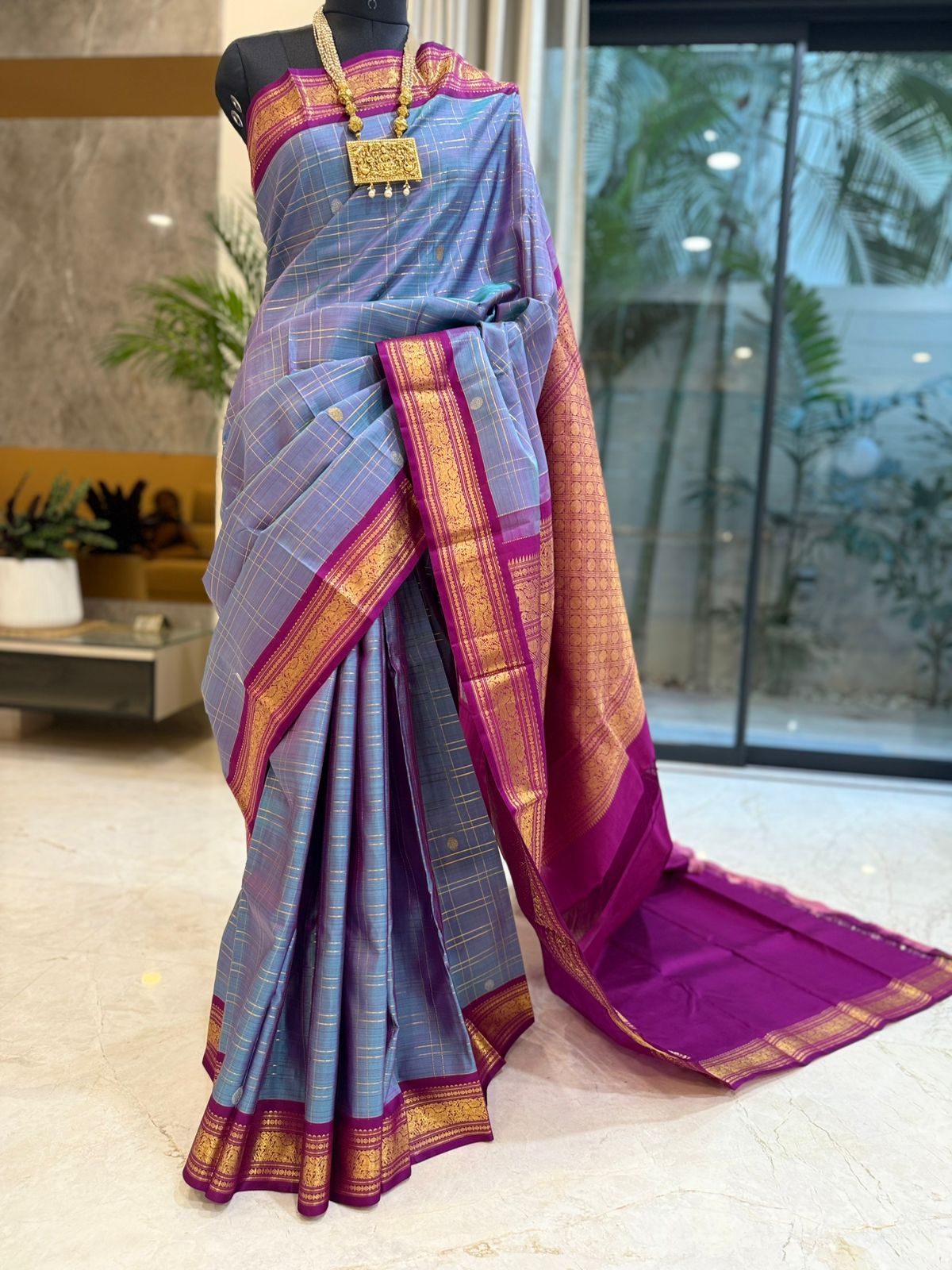 Bluish Grey Cheques with Pinkish Purple Border