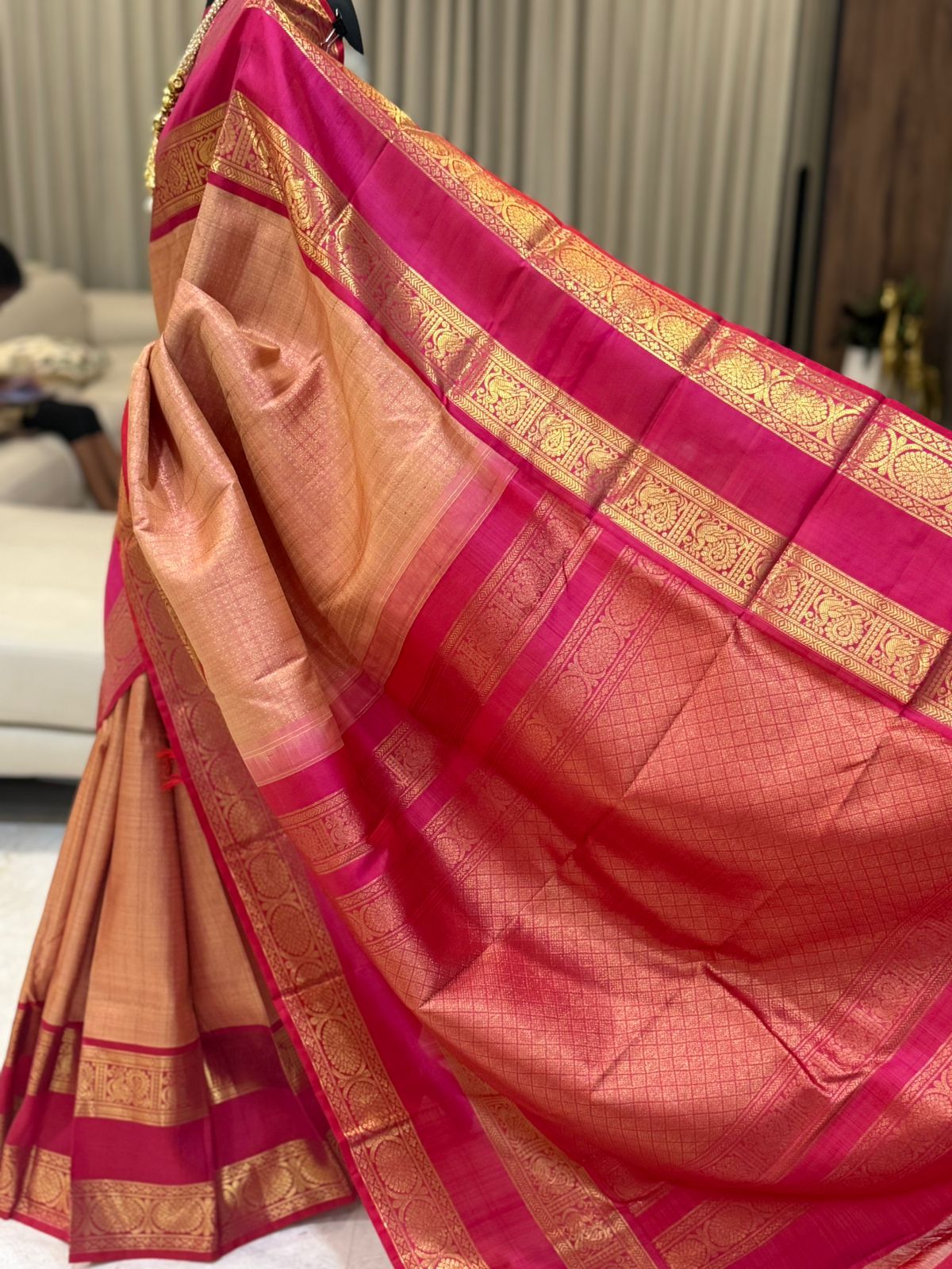 Peach Pink full zariwork with rani pink