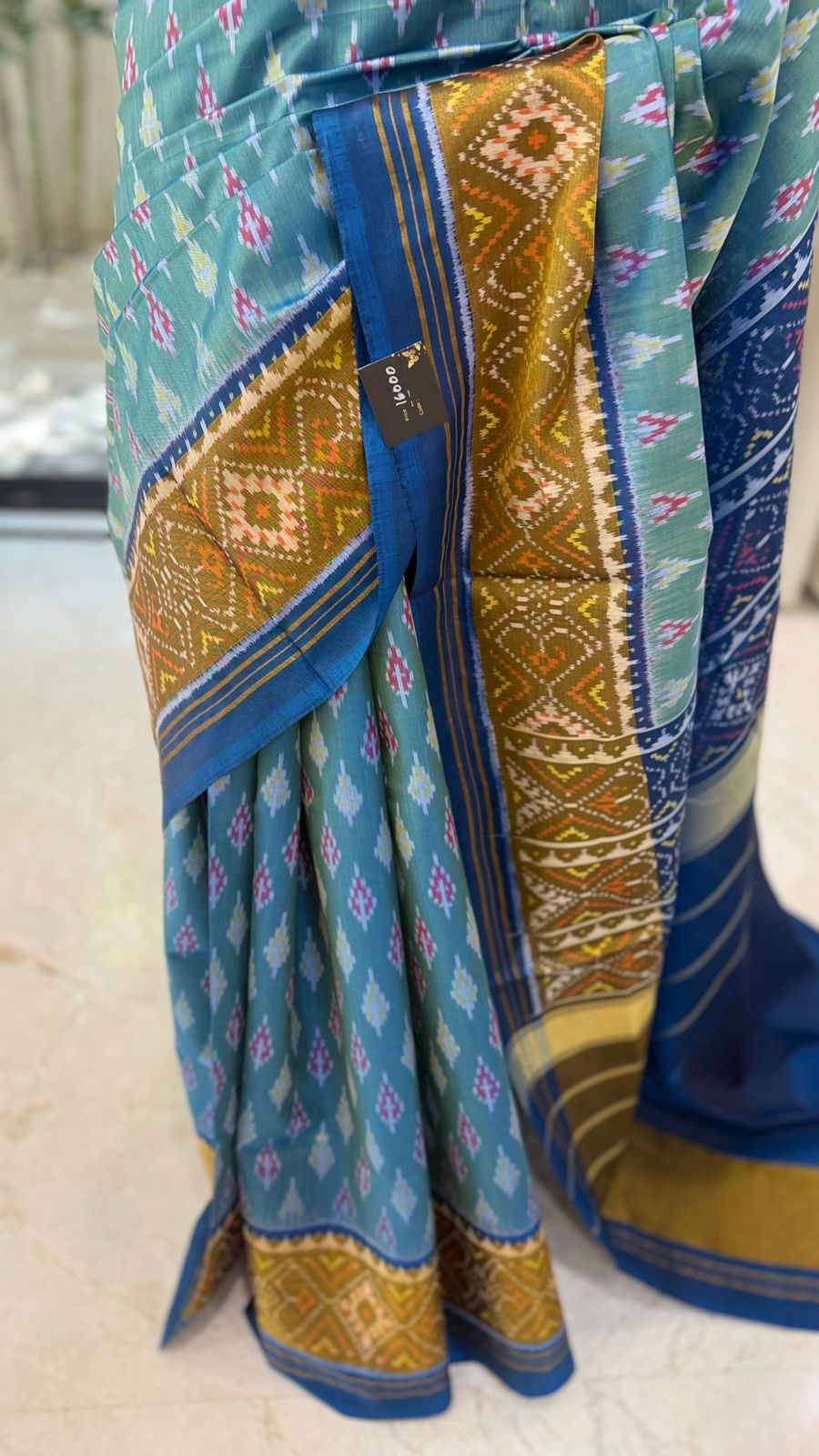 Mustard Teal Ikat Saree
