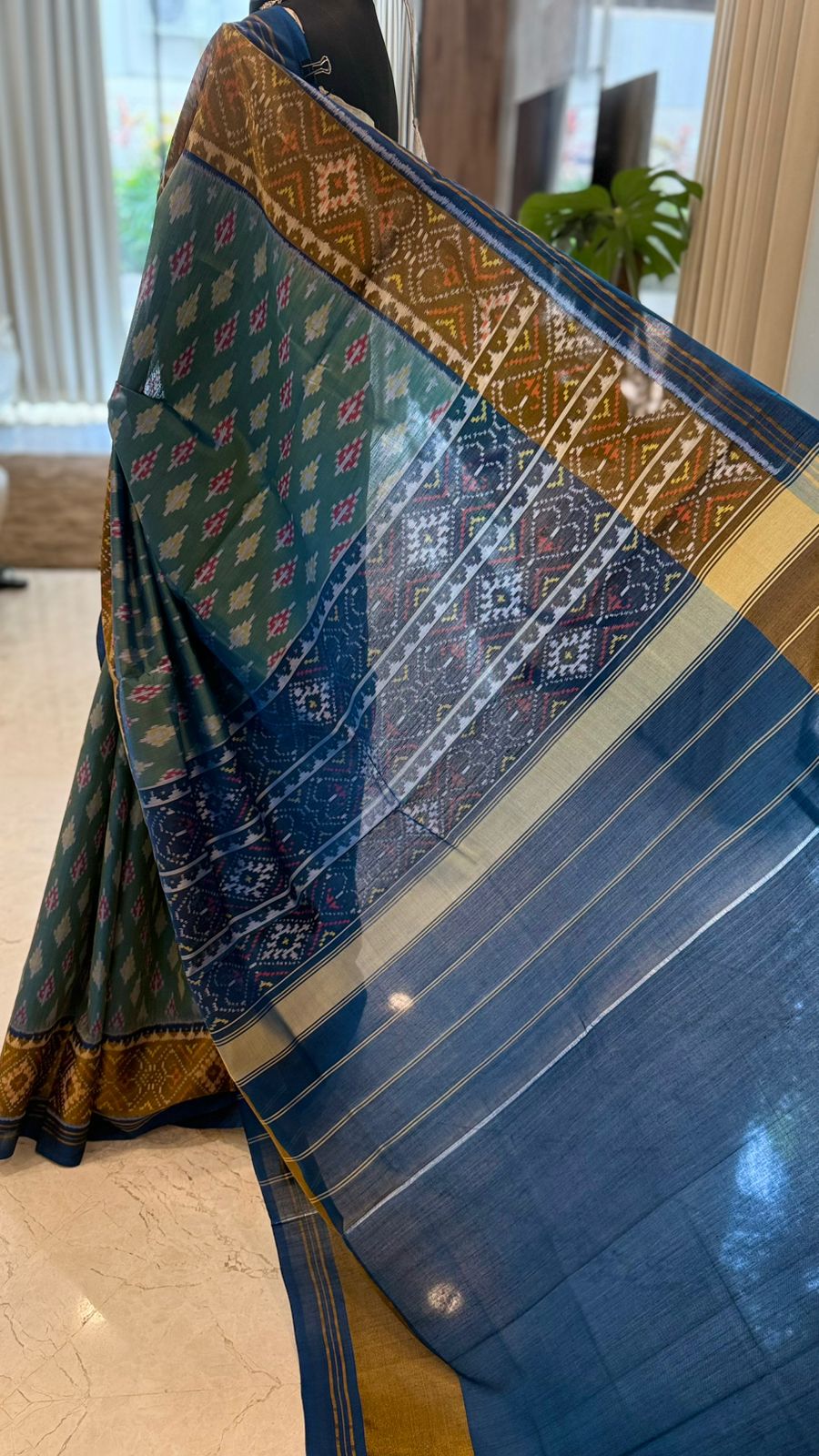 Mustard Teal Ikat Saree