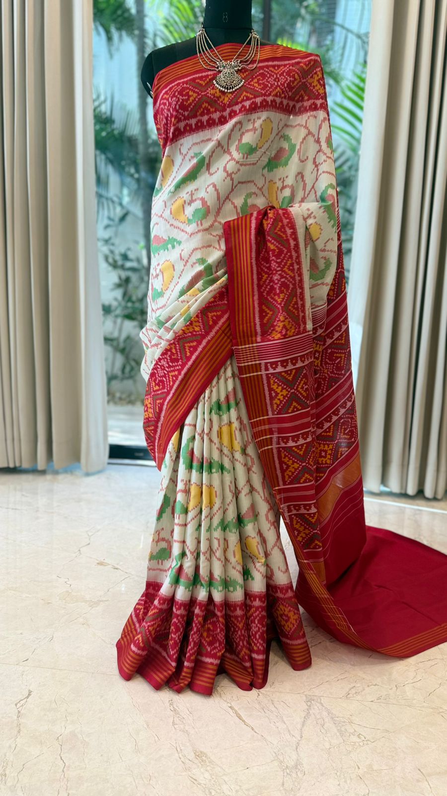 Ivory Green Ikat Saree