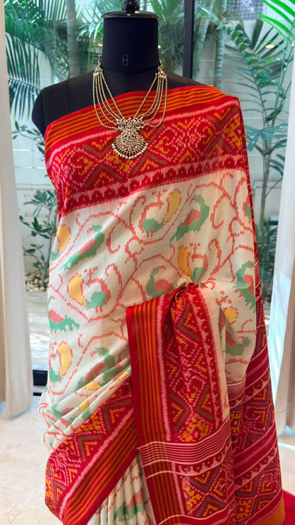 Ivory Green Ikat Saree