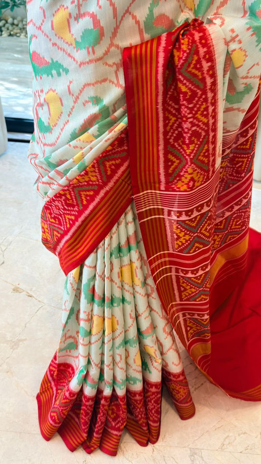 Ivory Green Ikat Saree