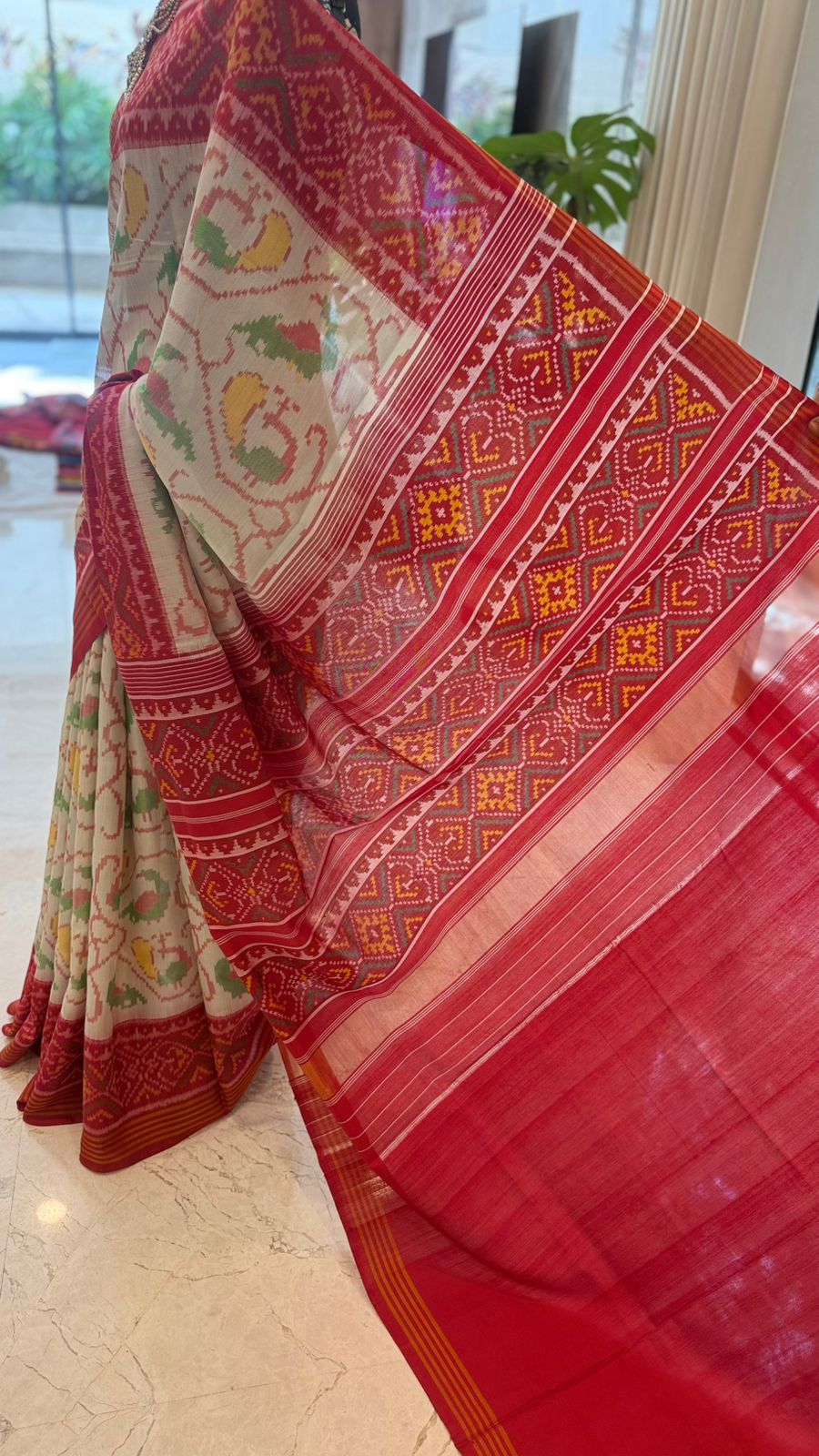 Ivory Green Ikat Saree