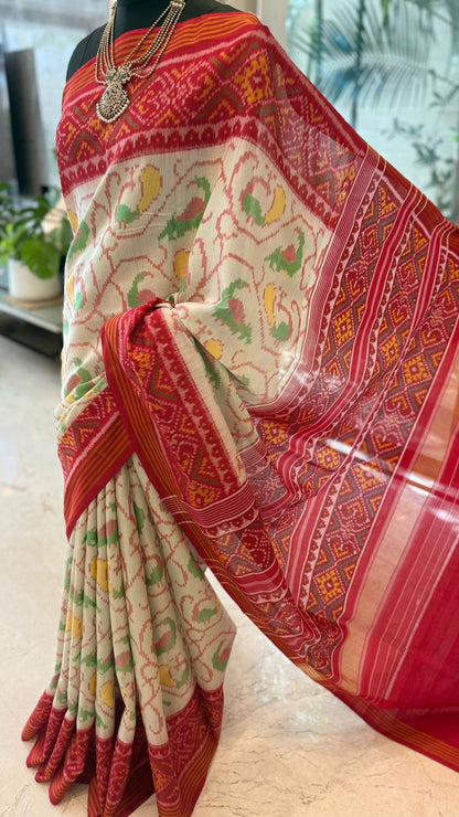 Ivory Green Ikat Saree