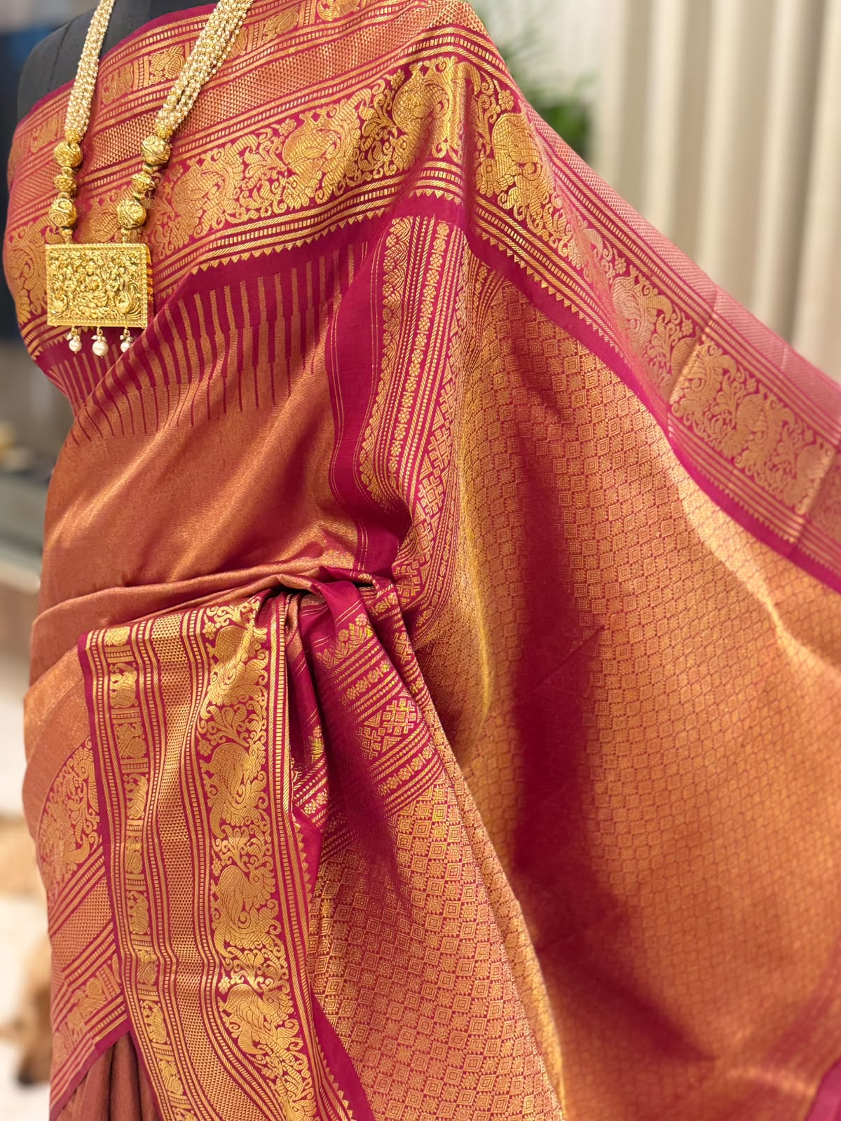Copper Gold & Magenta Kanjivaram Saree