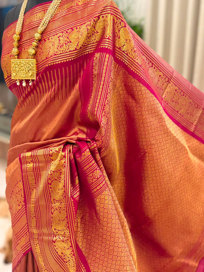 Copper Gold & Magenta Kanjivaram Saree