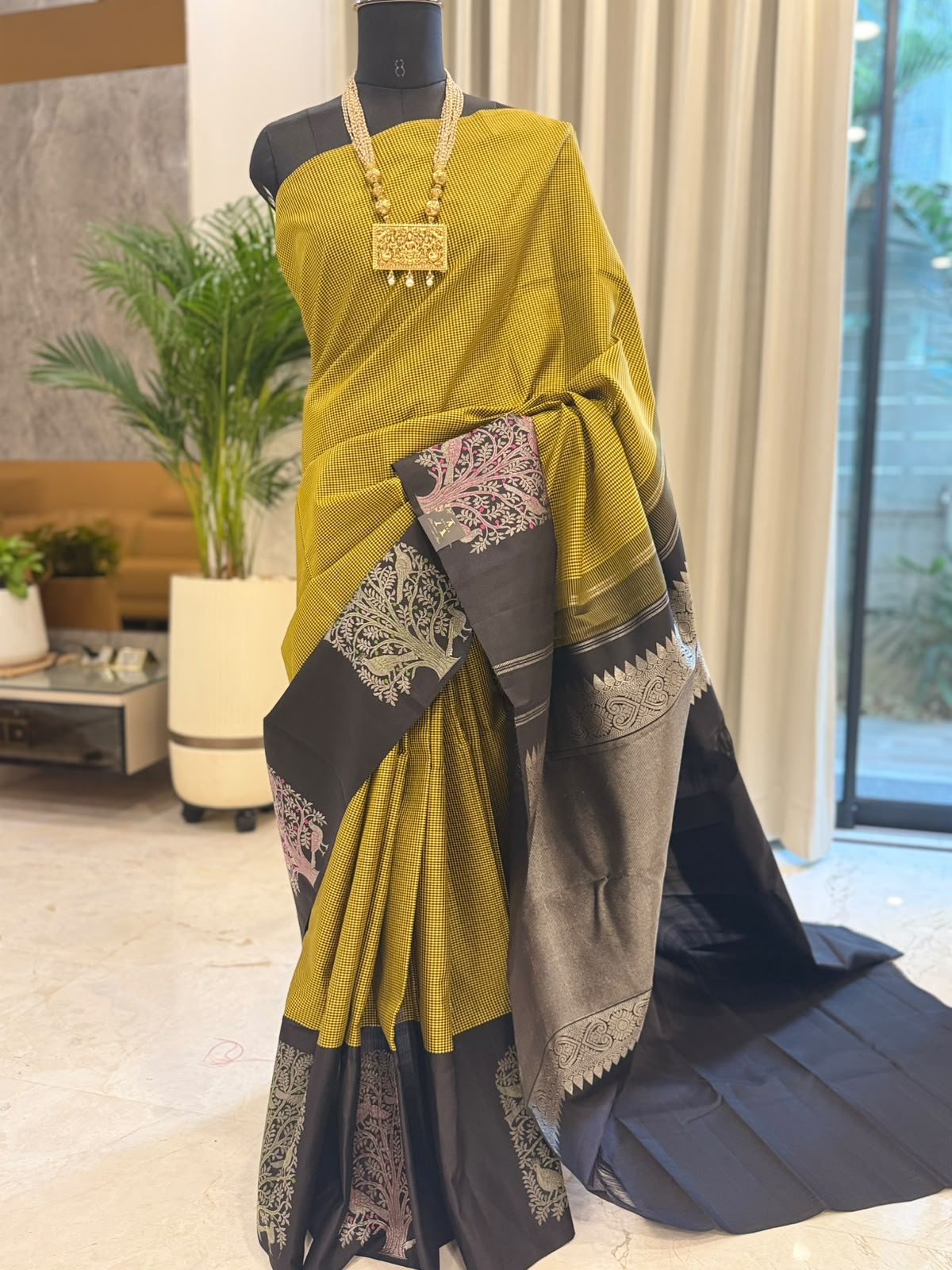 Chartreuse Gold & Black Kanjivaram Saree