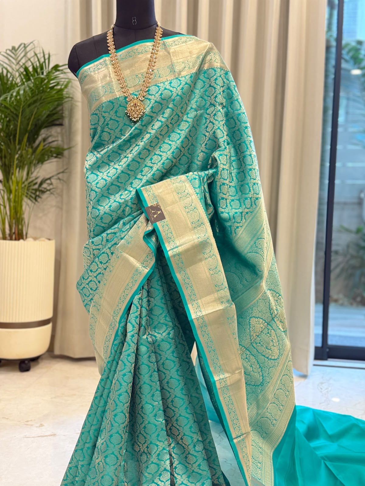 Turquoise Blue Silver Zari Kanjivaram Saree