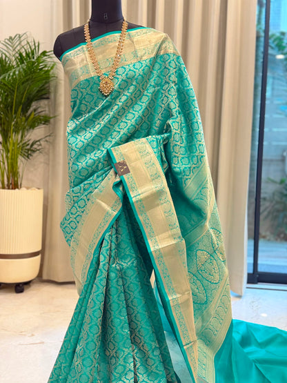 Turquoise Blue Silver Zari Kanjivaram Saree