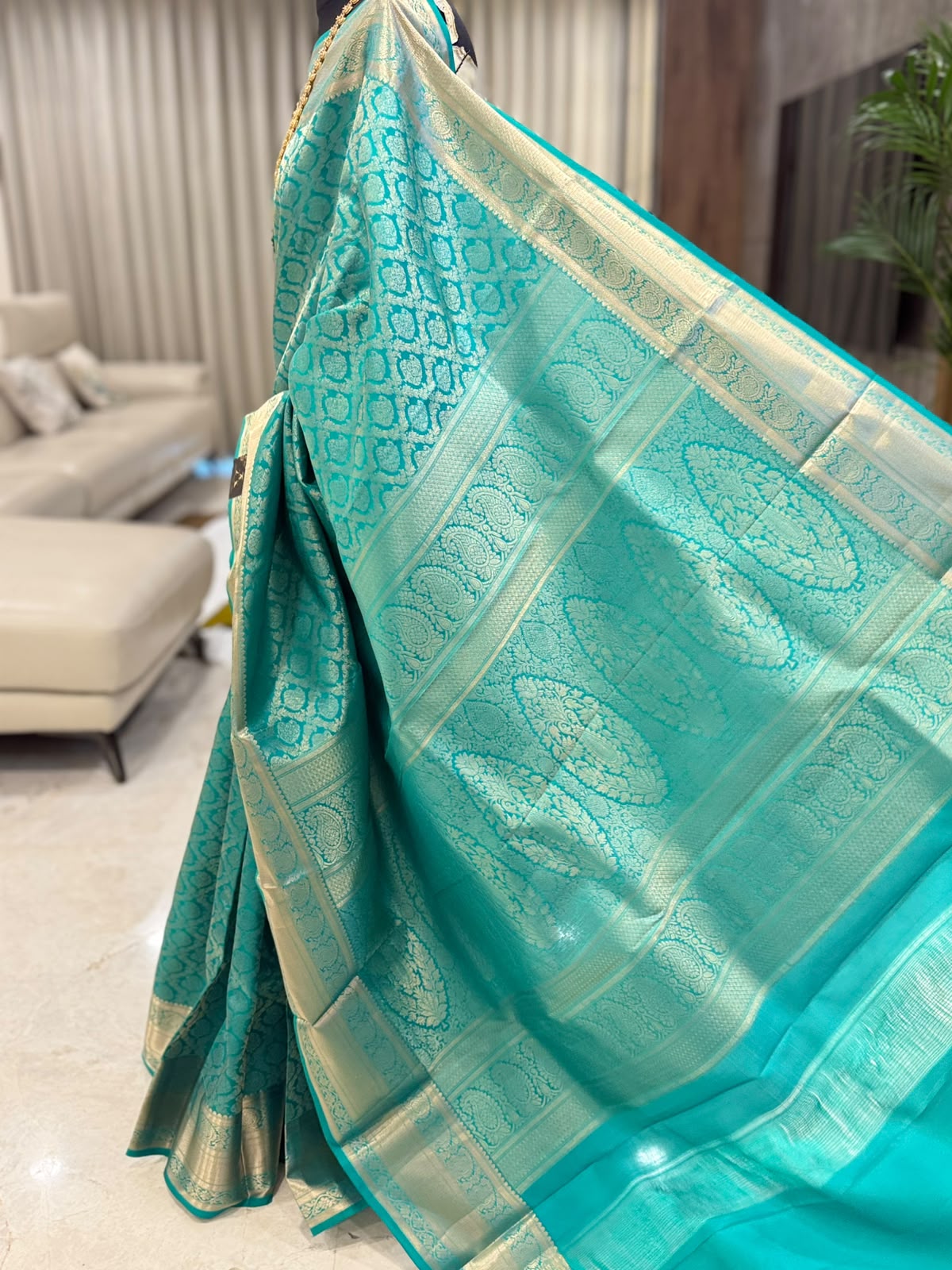 Turquoise Blue Silver Zari Kanjivaram Saree