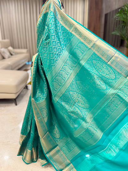 Turquoise Blue Silver Zari Kanjivaram Saree