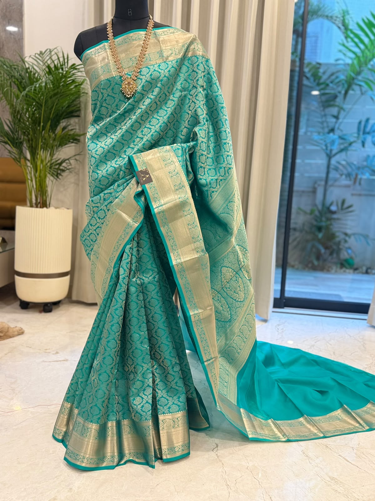 Turquoise Blue Silver Zari Kanjivaram Saree