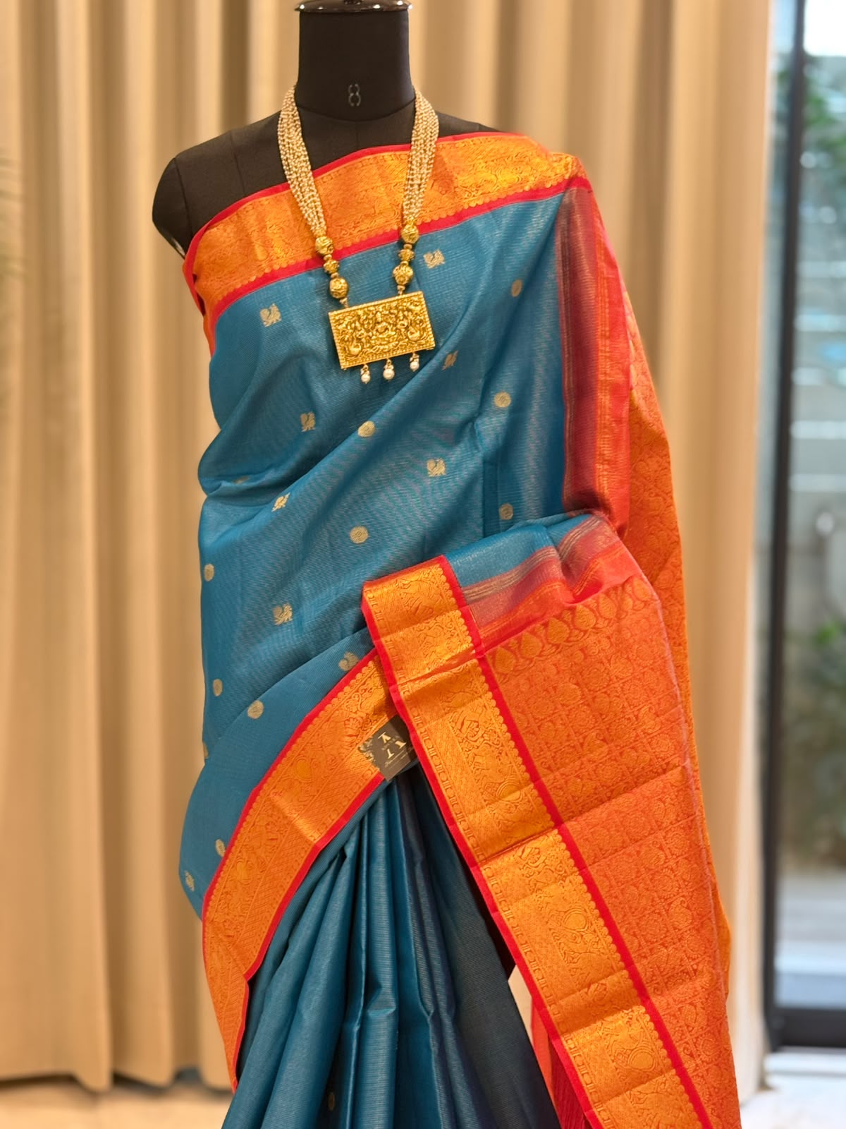 Peacock Blue & Vermilion Red Vairaoosi Kanjivaram Saree