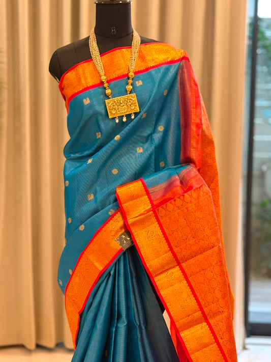 Peacock Blue & Vermilion Red Vairaoosi Kanjivaram Saree