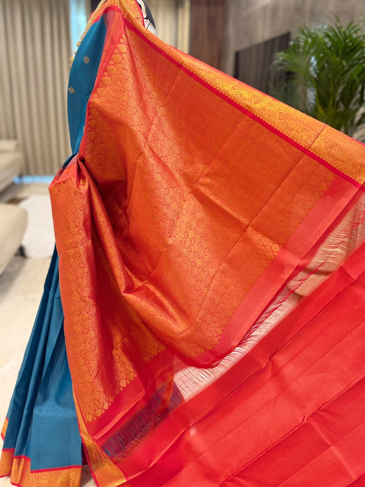Peacock Blue & Vermilion Red Vairaoosi Kanjivaram Saree