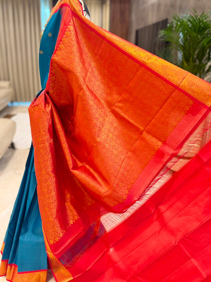 Peacock Blue & Vermilion Red Vairaoosi Kanjivaram Saree