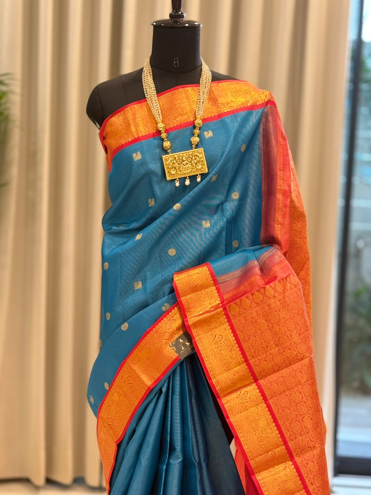 Peacock Blue & Vermilion Red Vairaoosi Kanjivaram Saree