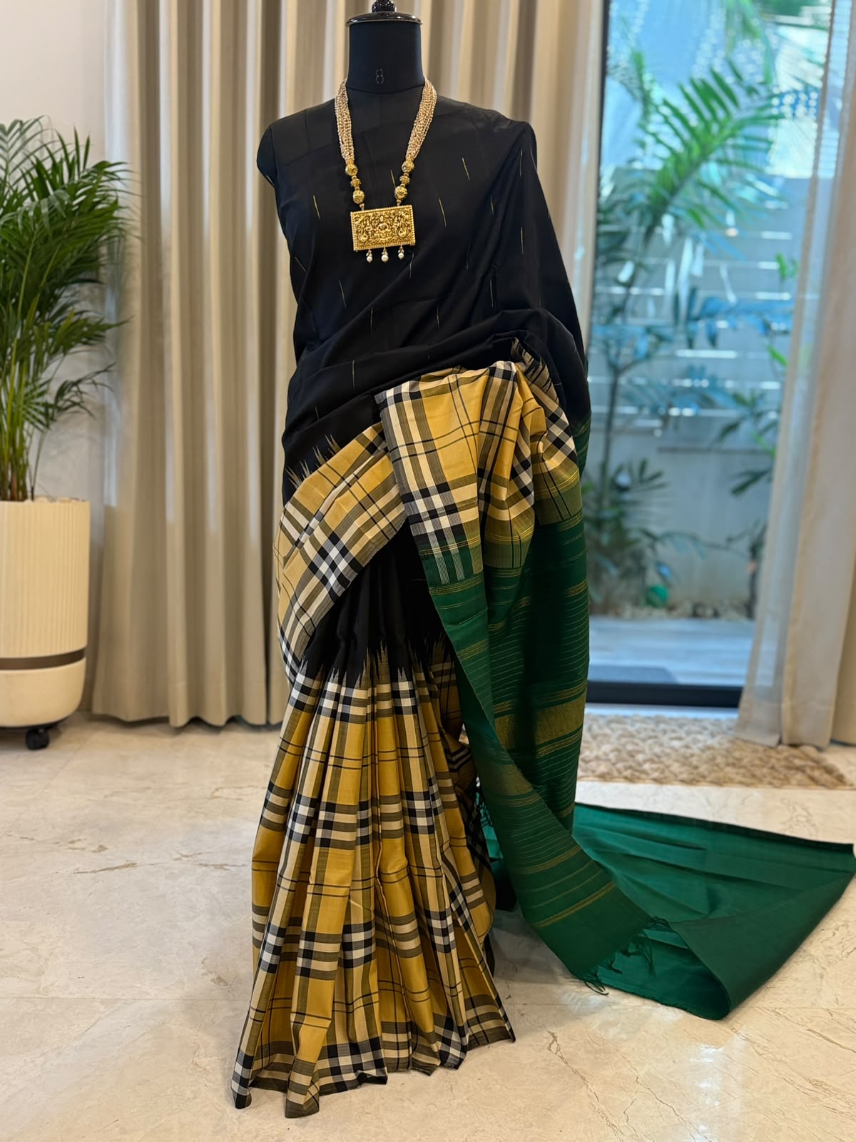Black Mustard Emerald Kanjivaram Saree