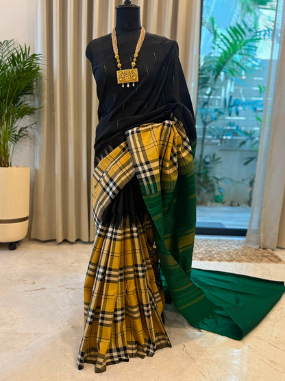 Black Mustard Emerald Kanjivaram Saree