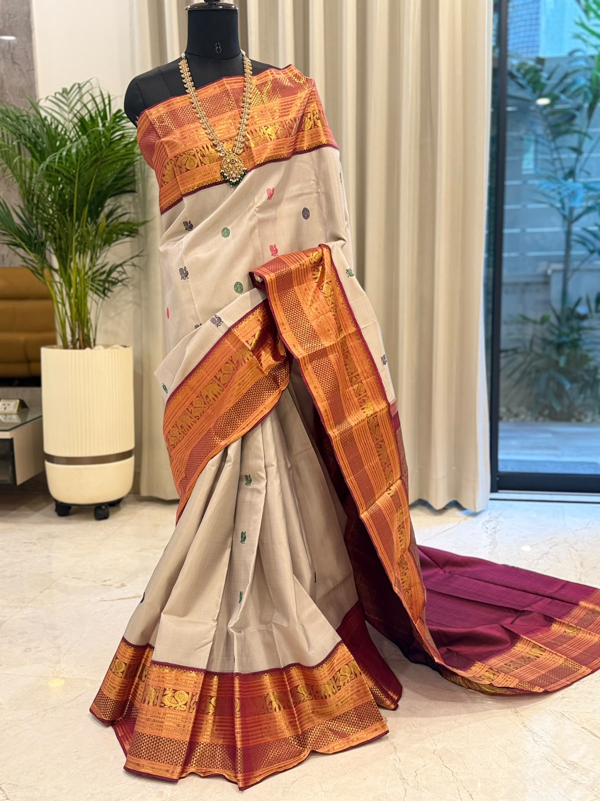 Ivory Maroon Gold Kanjivaram
