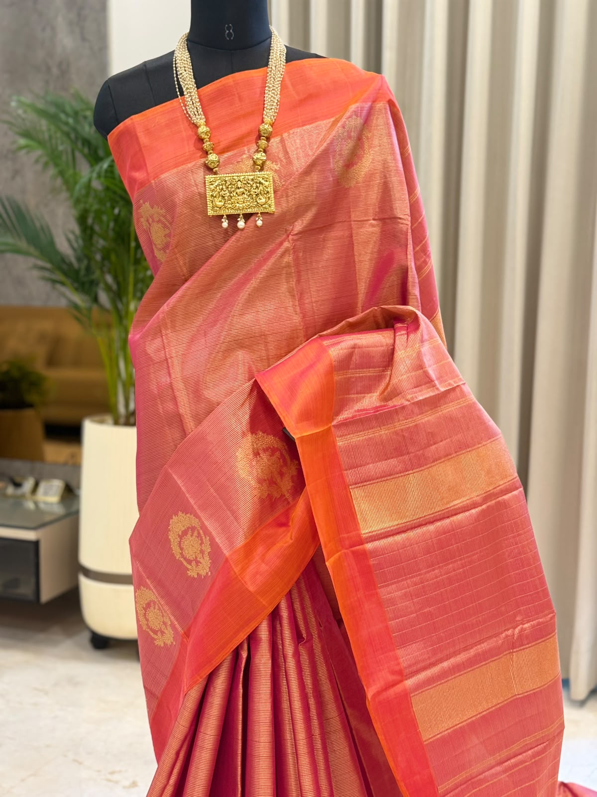 Coral Orange Pink Kanjivaram Saree
