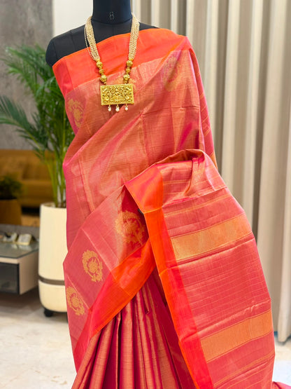 Coral Orange Pink Kanjivaram Saree